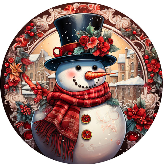 Adorable Snowman with Red Scarf Wreath Sign-Sublimation-Round-Chistmas-Winter-Decor