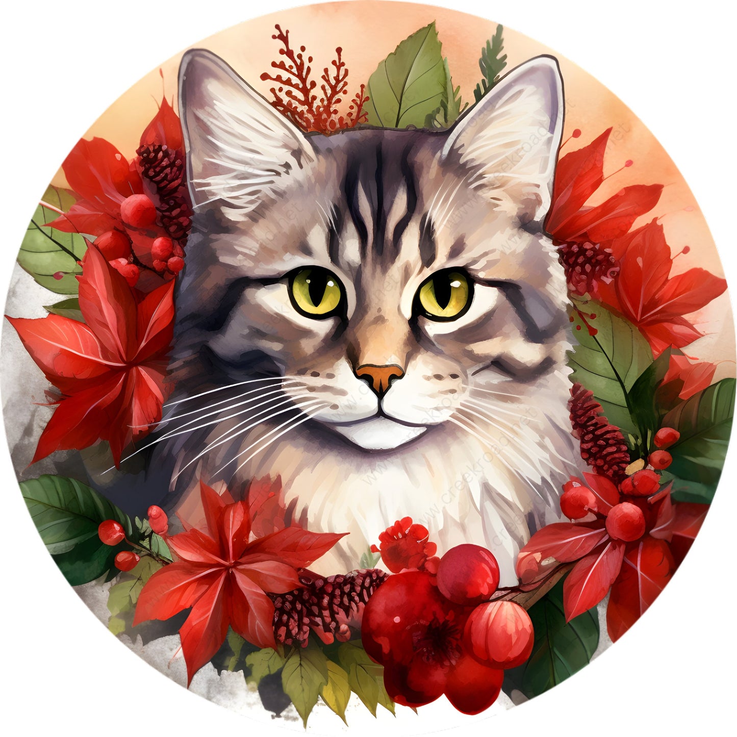 Grey Cat in Poinsettia Wreath Sign-Sublimation-Round-Chistmas-Winter-Decor