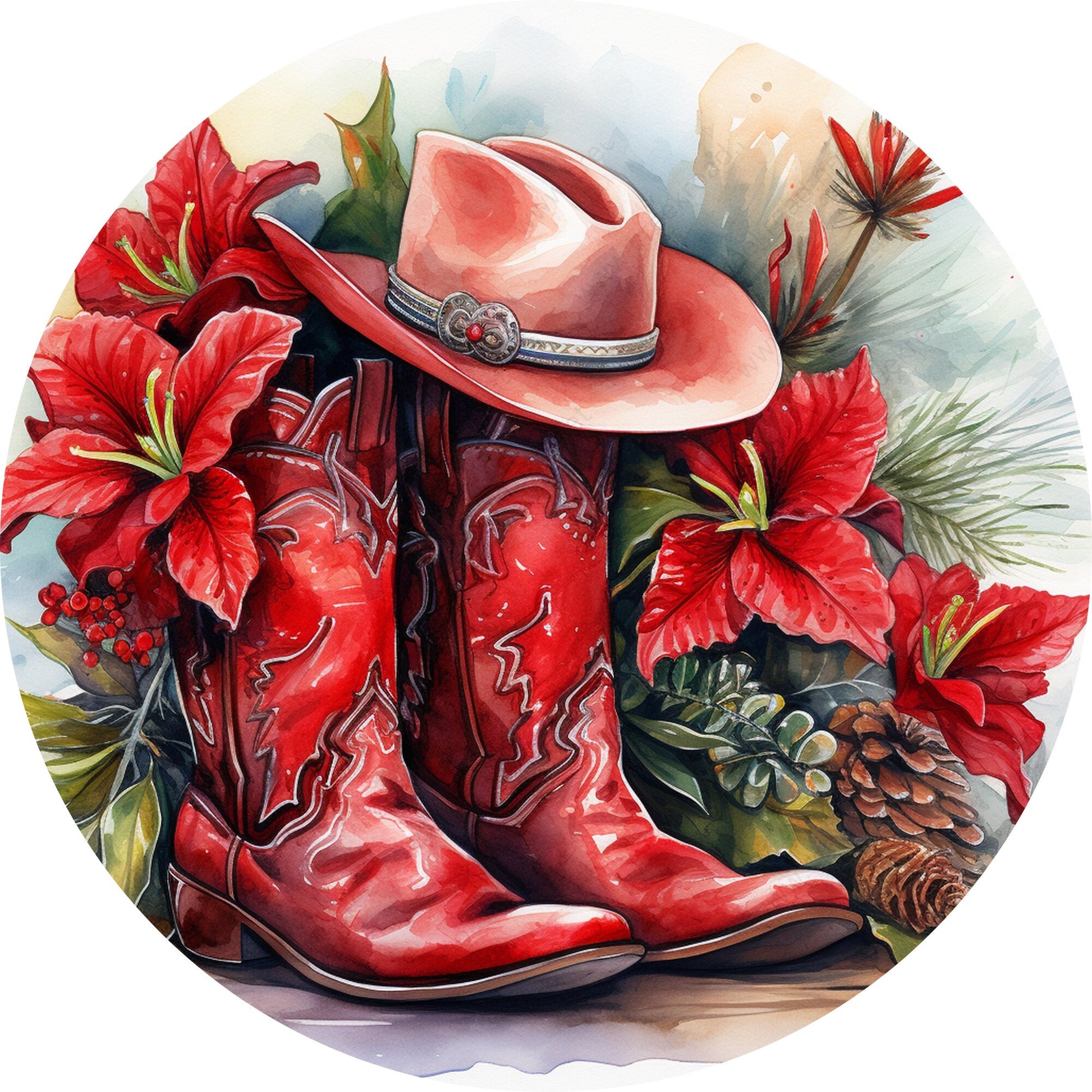 Red Christmas Cowboy Boots & Hat Wreath Sign-Sublimation-Round-Chistmas-Winter-Decor