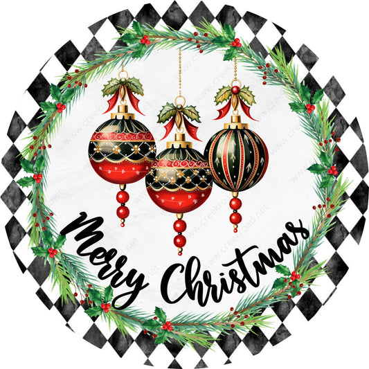 Merry Christmas Triple Ornaments Black White Check Wreath Sign-Sublimation-Round-Chistmas-Winter-Decor