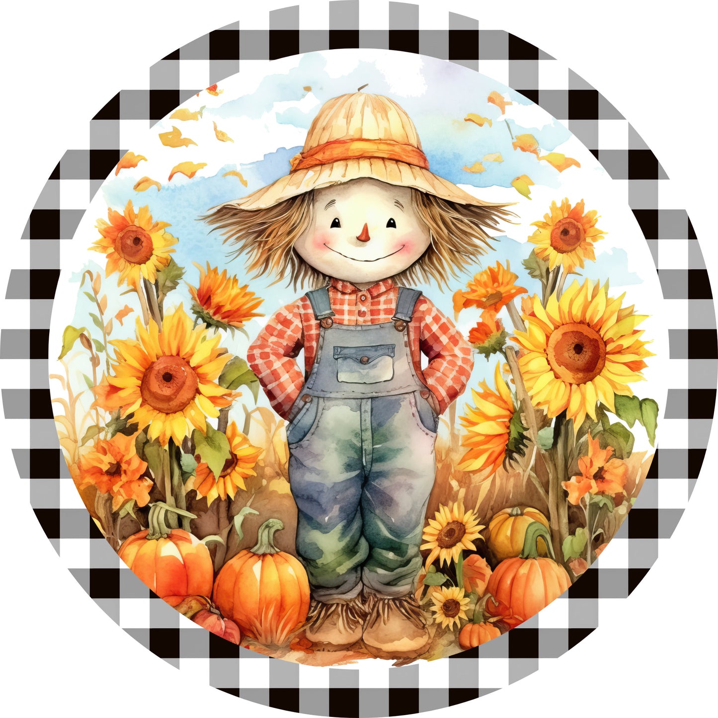 Cute Boy Scarecrow in Sunflower Pumpkin Patch Black White Gingham Wreath Sign-Fall-Sublimation-Attachment-Round-Creek Road Designs