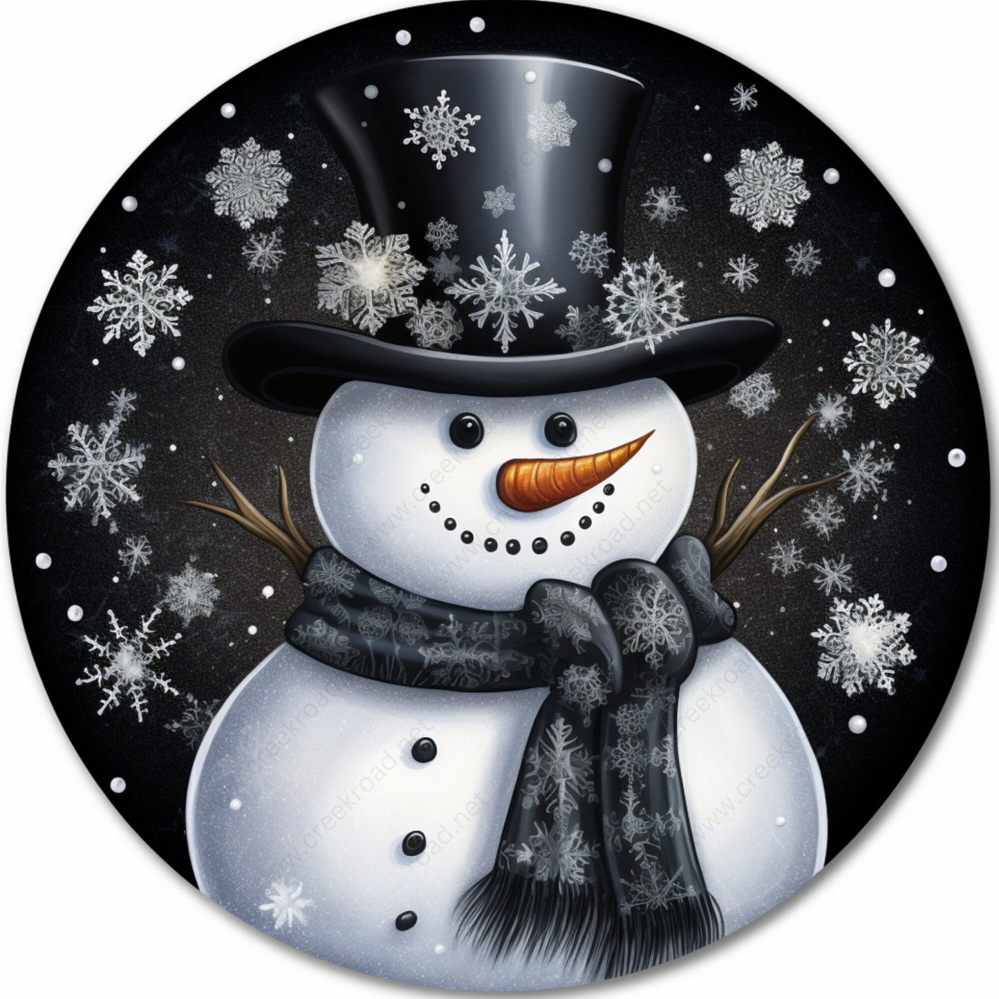 Christmas Snowman in Top Hat Black White Wreath Sign-Sublimation-Round-Chistmas-Winter-Decor