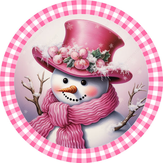 Pink Mrs. Snowman Scarf Top Hat Gingham Border Wreath Sign-Sublimation-Round-Christmas-Winter-Decor