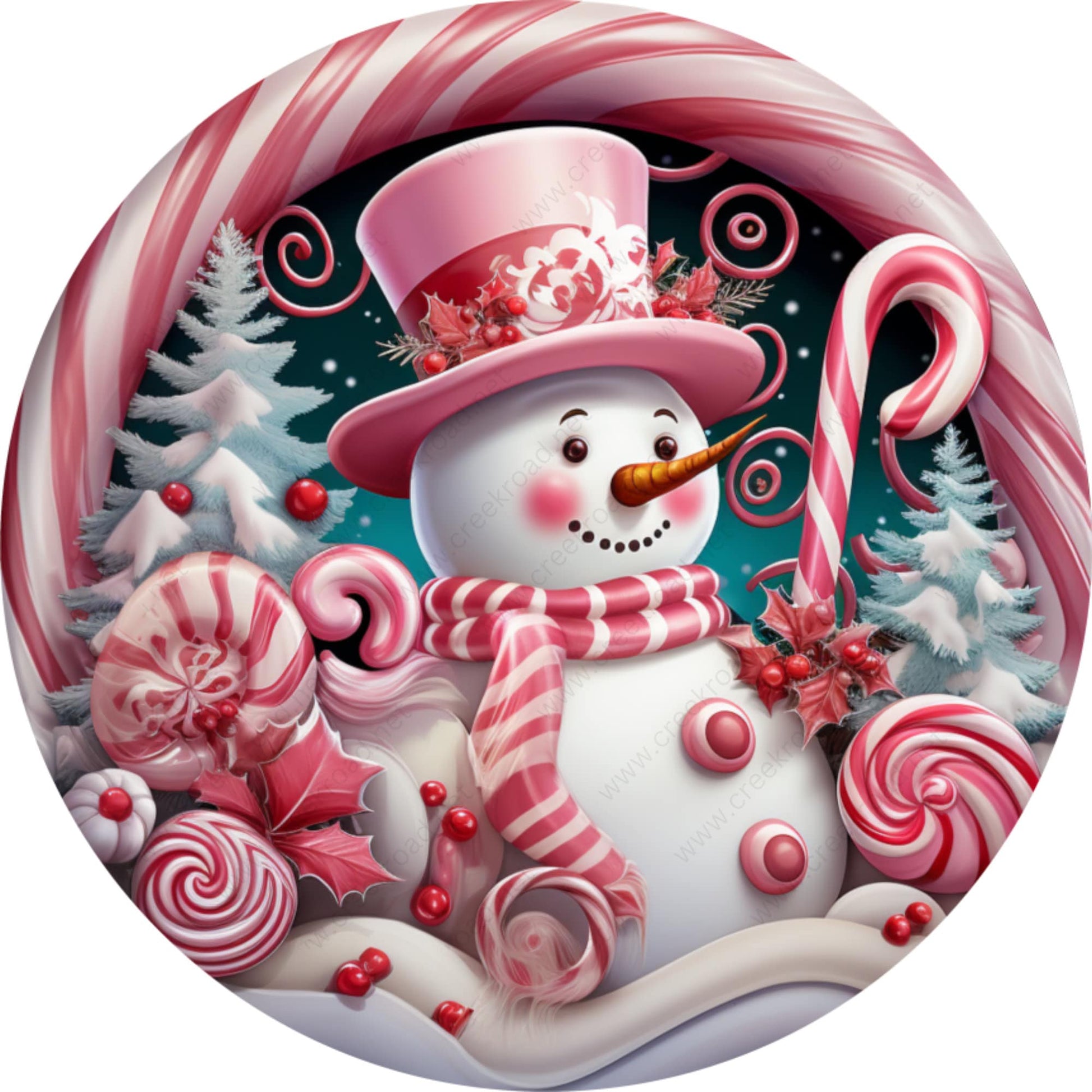 Pink White Candy Cane Snowman Wreath Sign-Sublimation-Round-Christmas-Winter-Decor