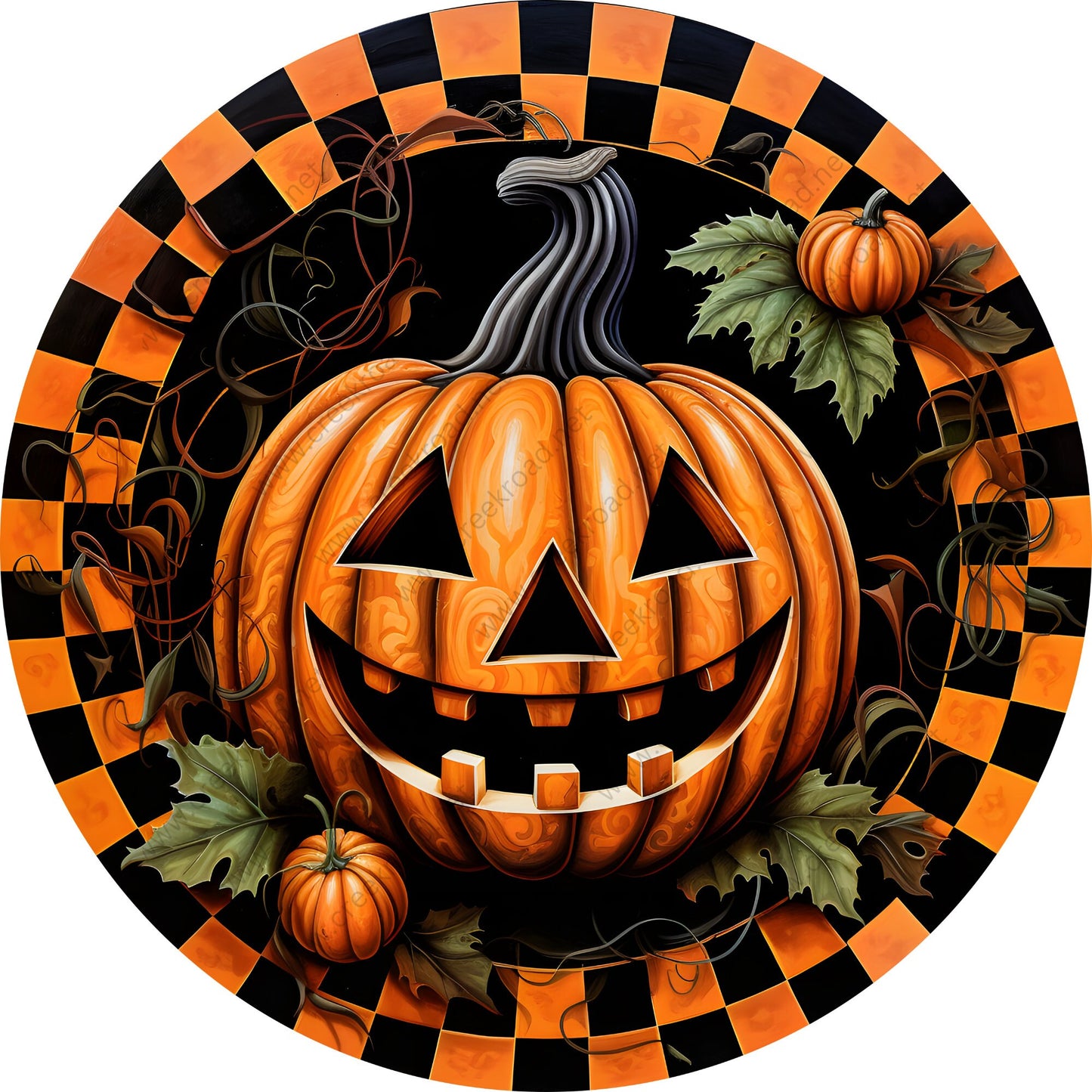 Smiling Jackolantern Orange Black Check Border Wreath Sign-Halloween-Sublimation-Decor-Creek Road Designs