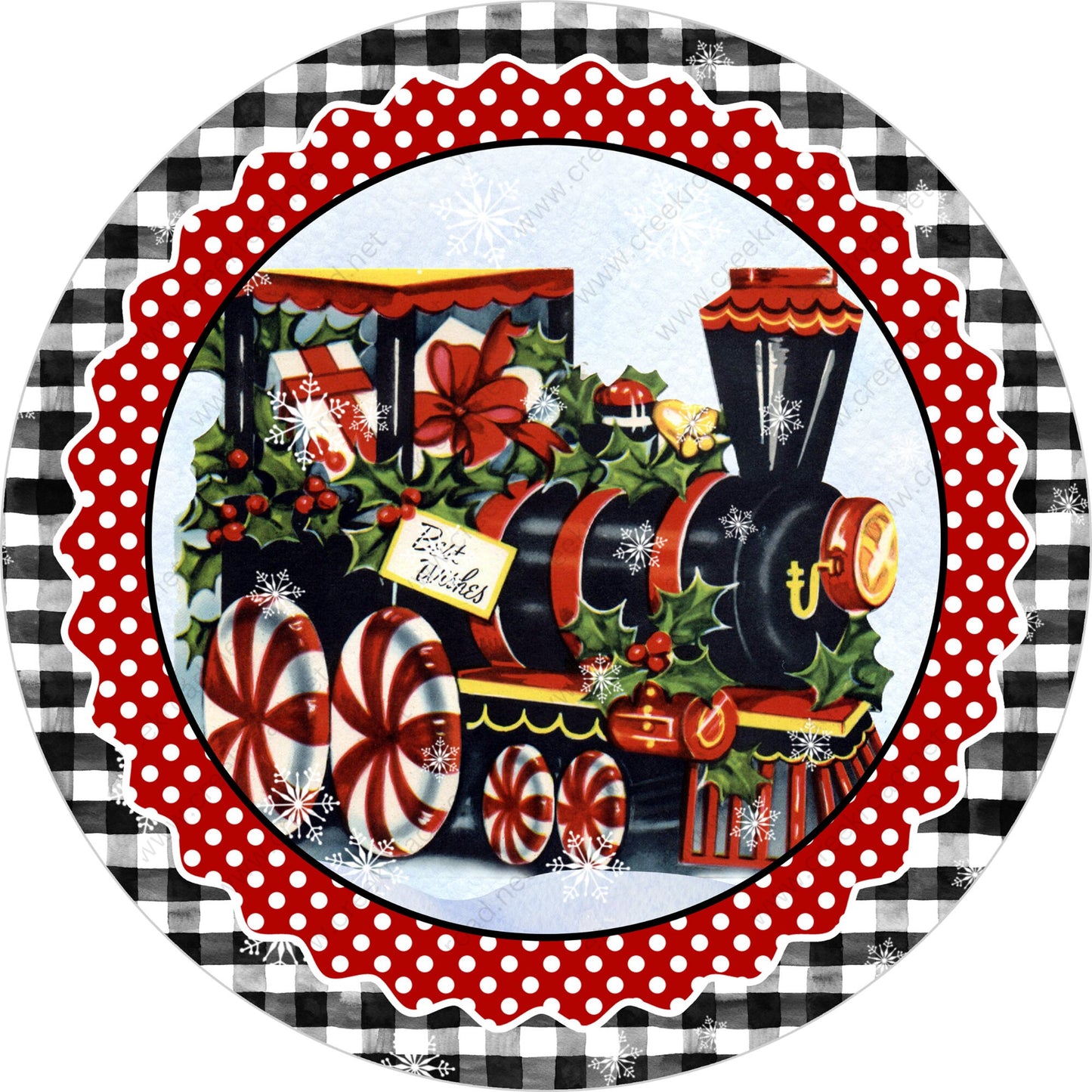 Christmas Peppermint Train Checkered Border Wreath Sign-Sublimation-Round-Christmas-Winter-Decor