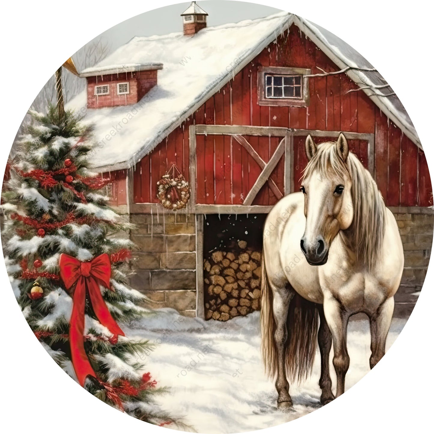 Snow Covered Red Barn Horse Christmas Tree Wreath Sign-Sublimation-Round-Christmas-Winter-Decor