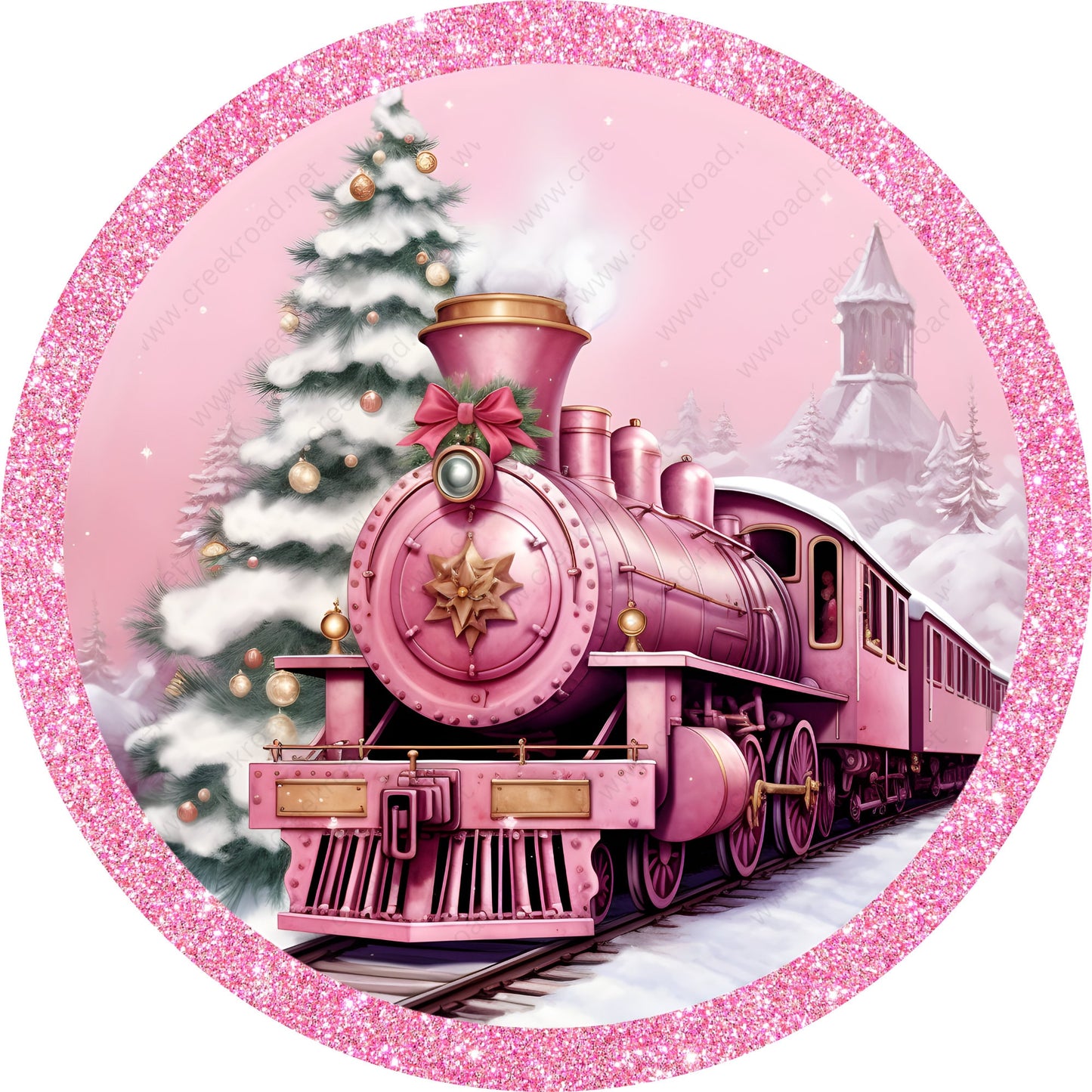 Pink Christmas Train Wreath Sign-Sublimation-PICK YOUR BORDER-Round-Christmas-Winter-Decor