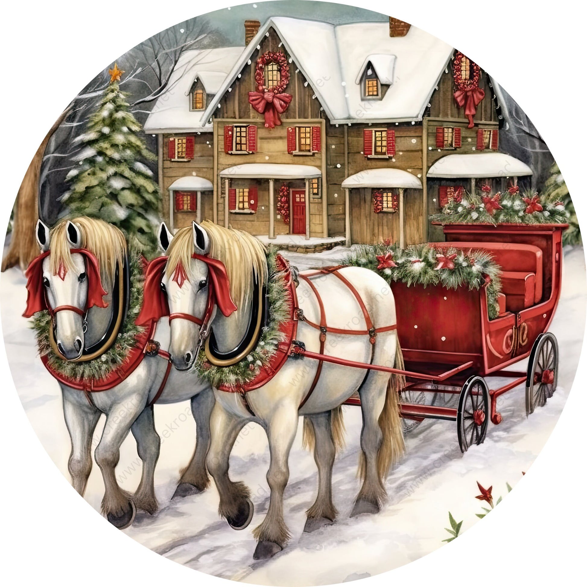 Horse Drawn Carriage in the Snow Wreath Sign No Border-Sublimation-Round-Christmas-Winter-Decor