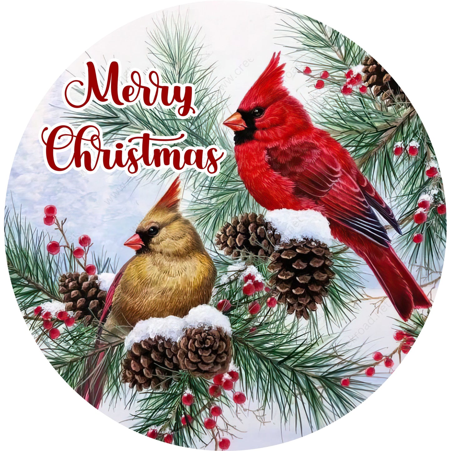 Merry Christmas Male Female Cardinal Wreath Sign-Sublimation-Round-Chistmas-Winter-Decor