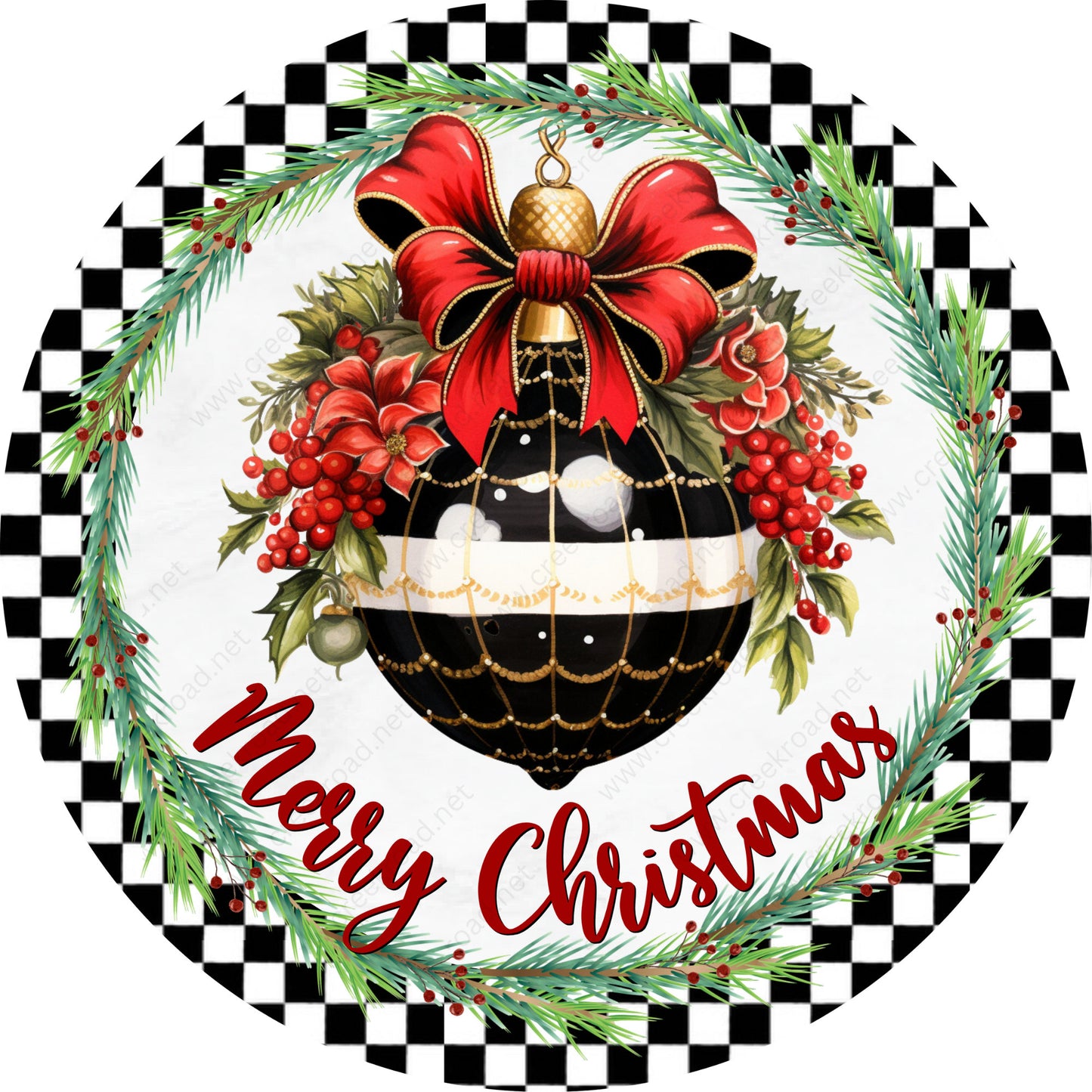 Merry Christmas Ornament Black White Check Wreath Sign-Sublimation-Round-Chistmas-Winter-Decor