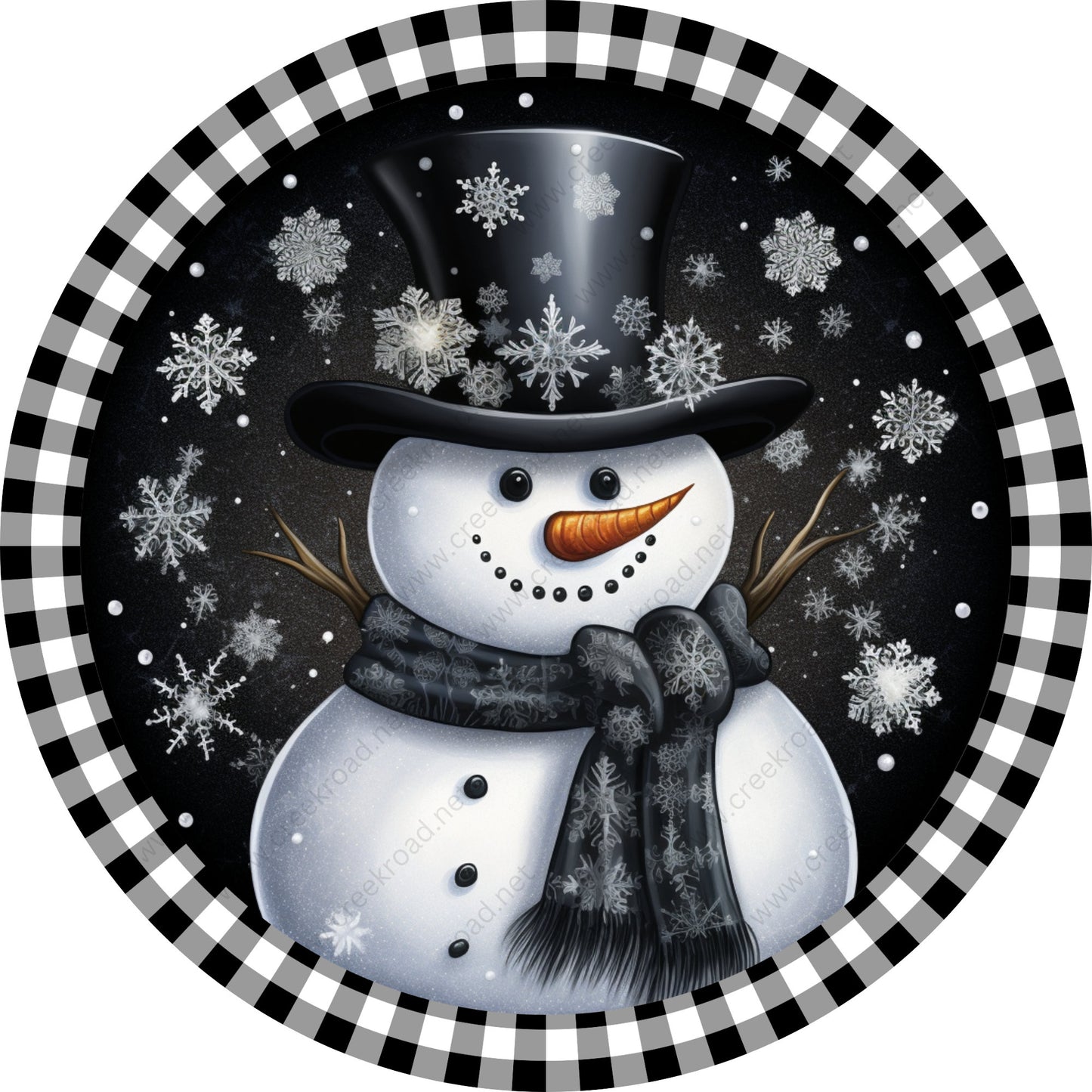 Christmas Snowman in Top Hat Black White Gingham Border Wreath Sign-Sublimation-Round-Chistmas-Winter-Decor