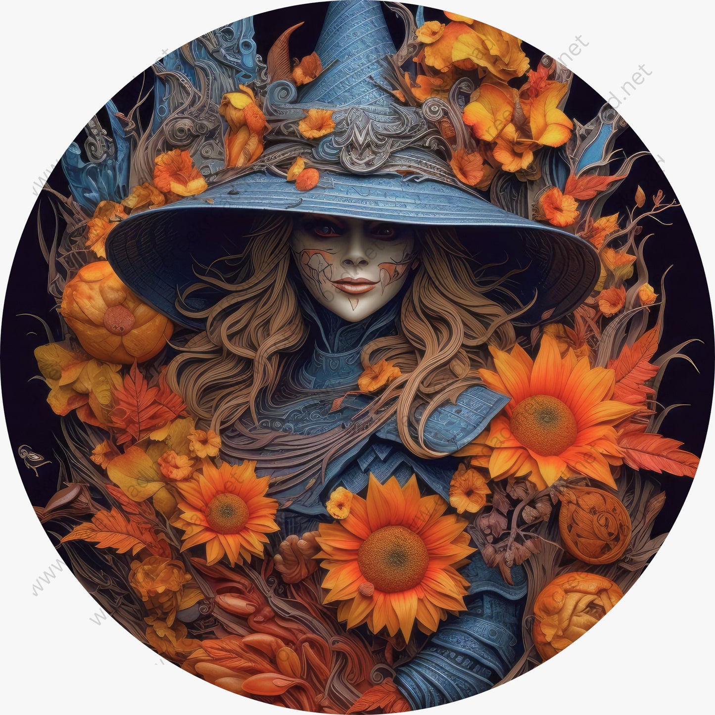 Halloween Blue Witch in Orange Sunflowers Wreath Sign-Halloween-Sublimation-Decor-Creek Road Designs