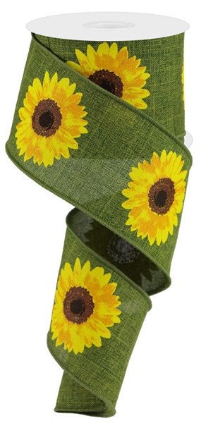 2.5" X 10Yd Wired Ribbon-Bold Sunflower On Royal Moss Green-RG0181352-Fall