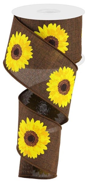 2.5" X 10Yd Wired Ribbon-Bold Sunflower On Royal Dk Brown-RG01813KH-Fall