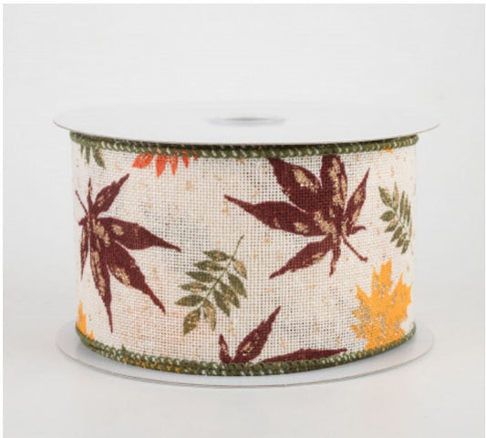 2.5" X 10Yd Wired Ribbon-Fall Fern & Leaves Moss Burgundy-61019-40-49-Fall