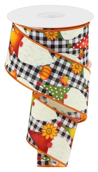 2.5" X 10Yd Wired Ribbon-Gnome Check W/Pumpkins-RGC134927-Fall