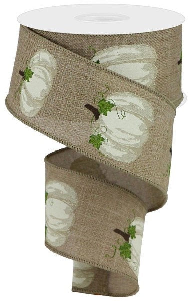 2.5" X 10Yd Wired Ribbon-Pumpkins W/Leaves On Royal Lt Beige Cream-RGA1471JN-Fall