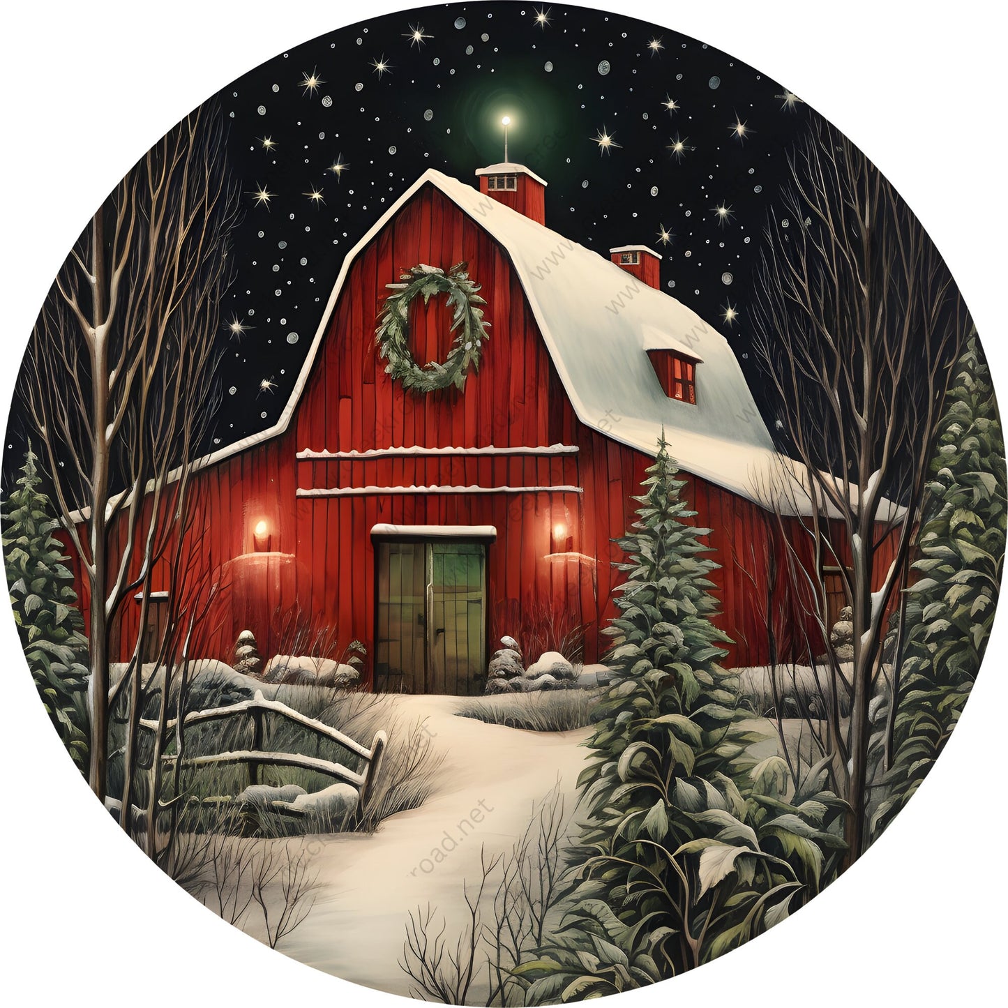 Red Christmas Barn on Snowy night Wreath Sign-Sublimation-Round-Christmas-Winter-Decor