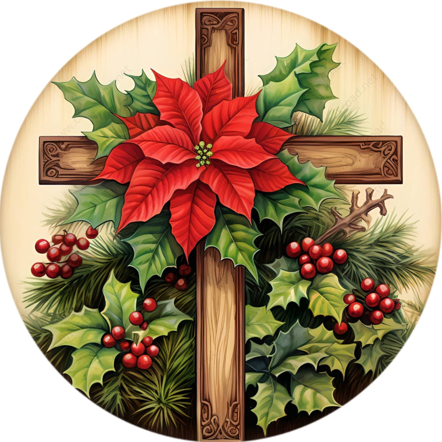 Wooden Cross with Poinsettia Wreath Sign-Sublimation-Round-Christmas-Winter-Decor