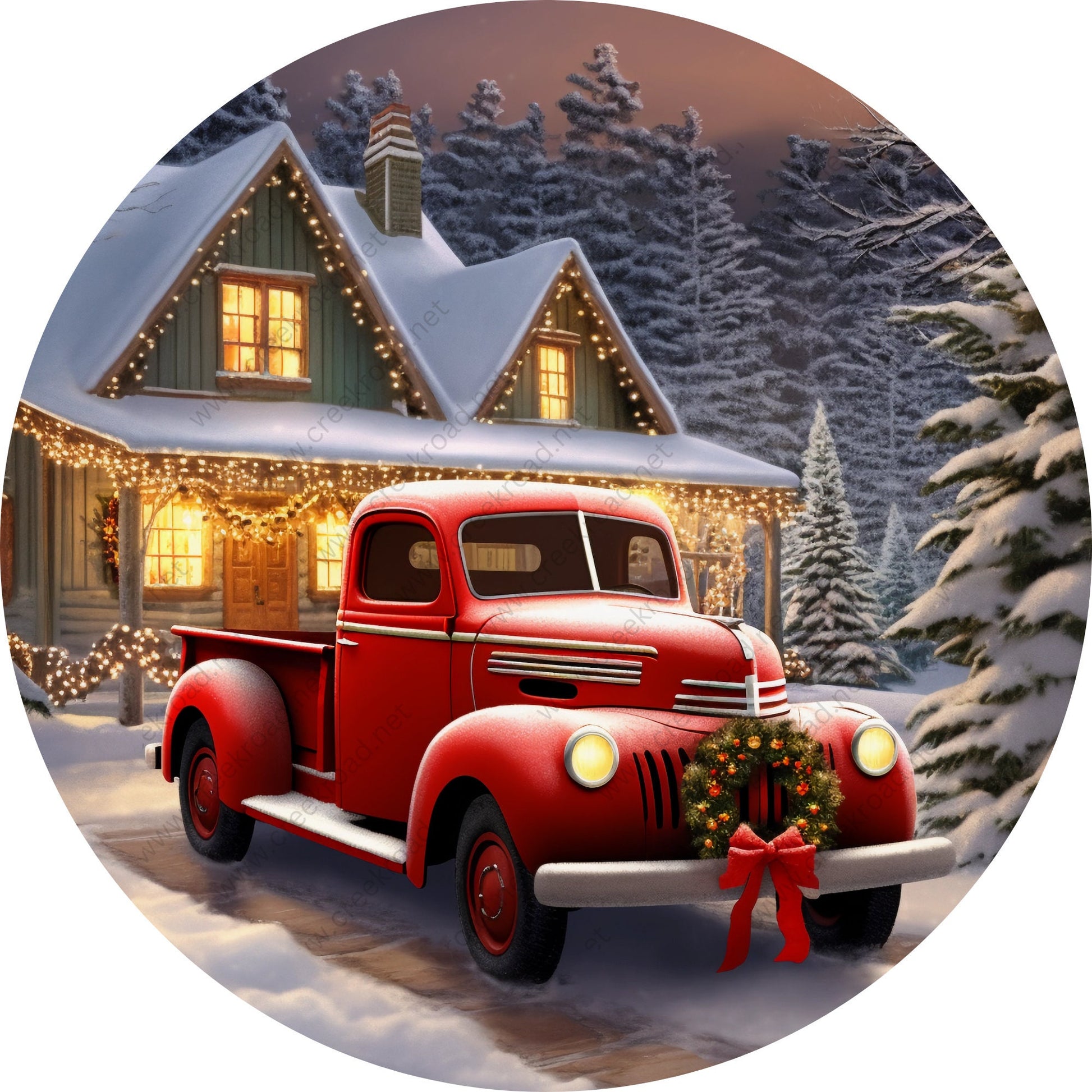 Antique Red Truck on Snowy Evening Wreath Sign-Sublimation-Round-Christmas-Winter-Decor