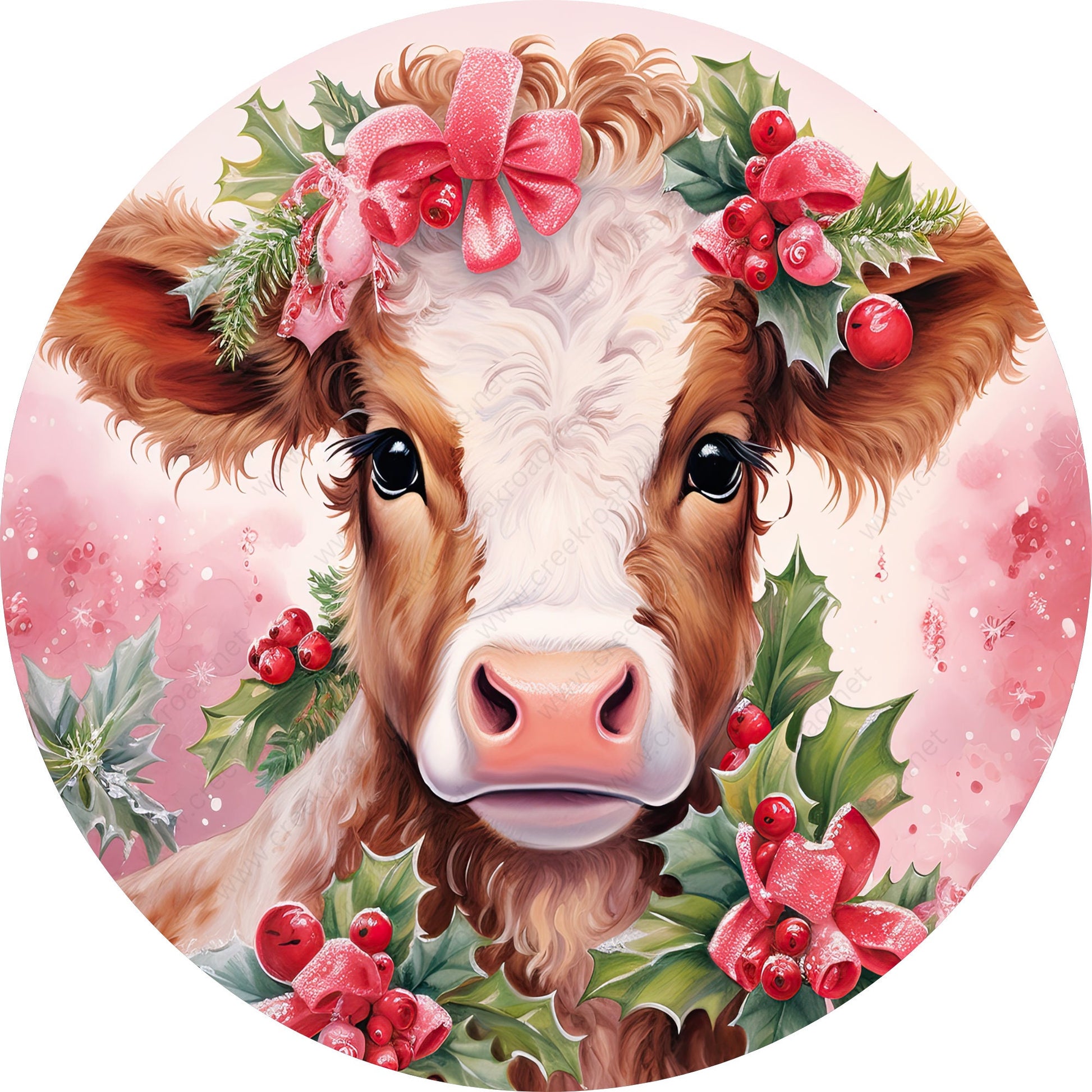 Moo-ey Christmas Pink Christmas Cow Wreath Sign-Sublimation-Round-Christmas-Winter-Decor