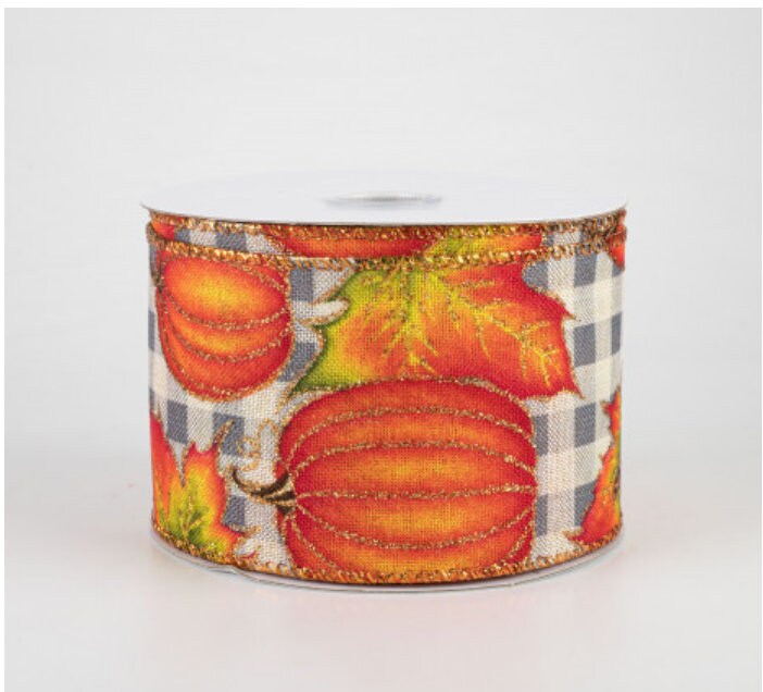 2.5" X 10Yd Wired Ribbon-Glitter Pumpkin Check Ribbon-61005-40-51-Fall