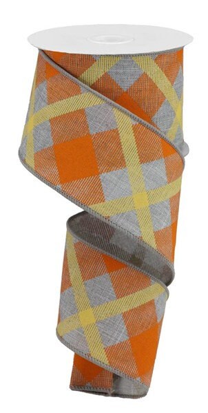 2.5" X 10Yd Wired Ribbon-Printed Plaid On Royal Light Grey-RG01683RK-Fall