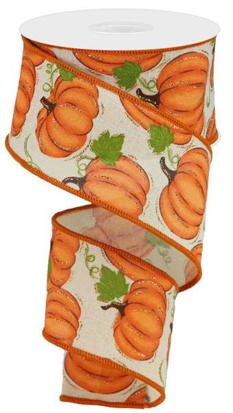 2.5" X 10Yd Wired Ribbon-Pumpkin Patch On Royal Cream Orange-RGA147464-Fall