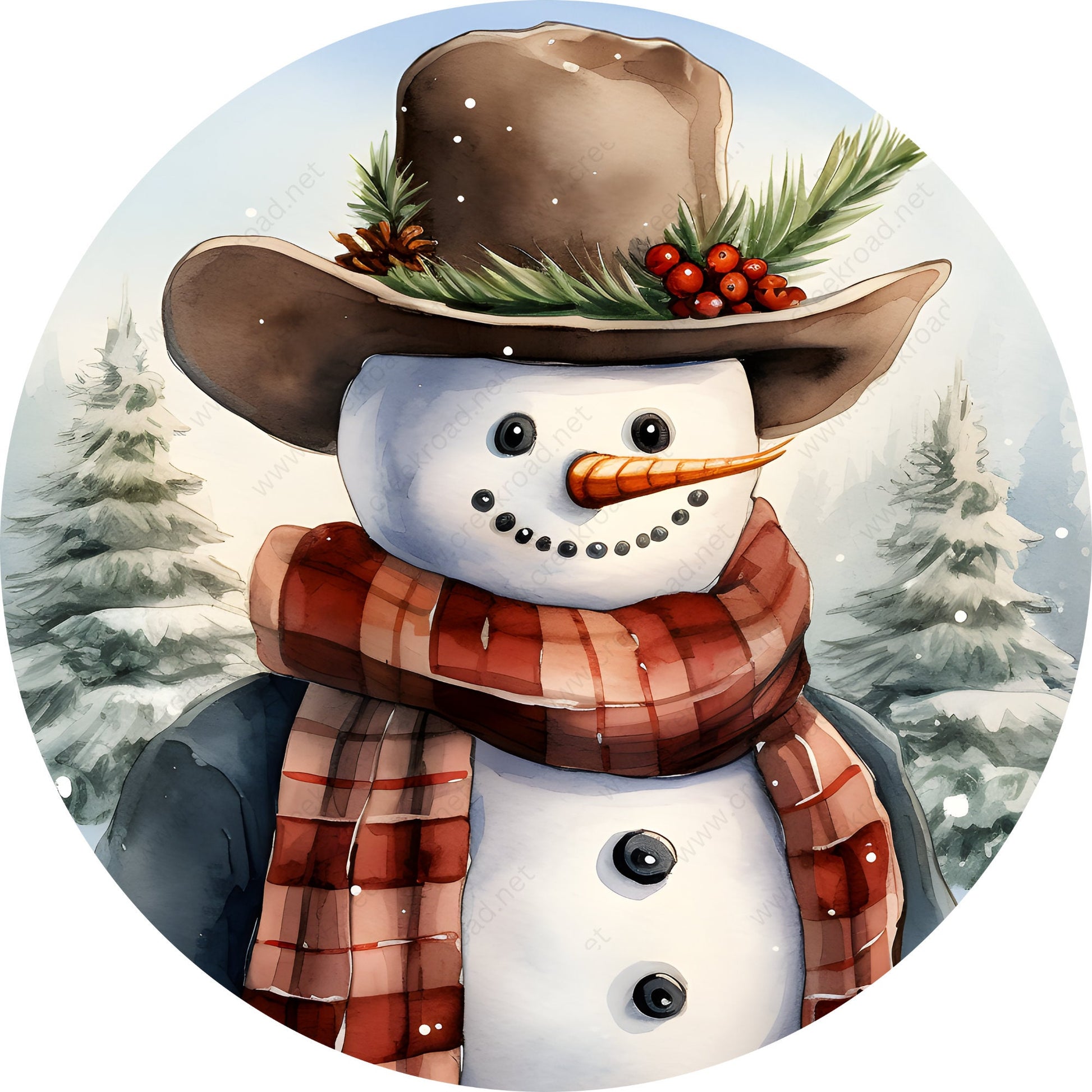 Smiling Cowboy Christmas Snowman Wreath Sign-Sublimation-Round-Christmas-Winter-Decor