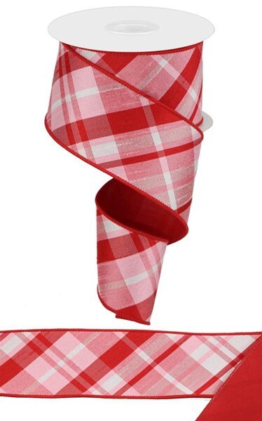 2.5" X 10Yd Wired Ribbon-Diagonal Plaid/Pg Fused Back Lt Pink-RGX0051DM-Christmas