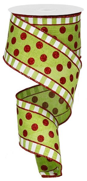 2.5" X 10Yd Wired Ribbon-Glitter Stripes And Dots-RG01405W1-Christmas