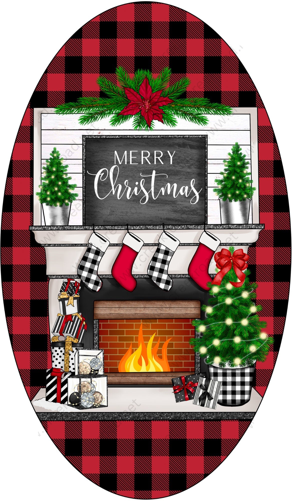 Merry Christmas Fireplace Gingham Background Wreath Oval 7"x12" Sign-Sublimation-Round-Christmas-Winter-Decor