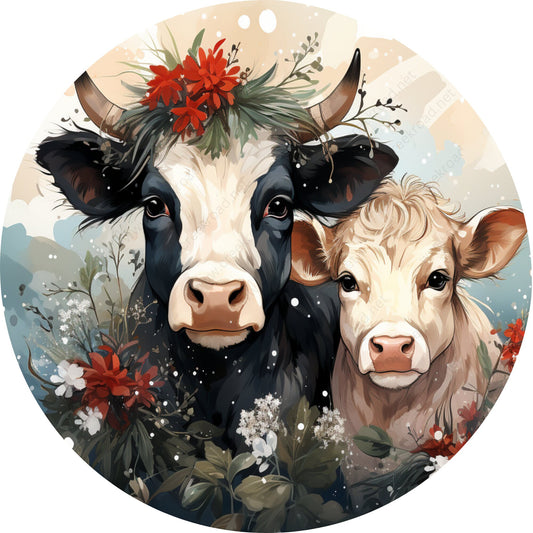 Christmas Cow and Calf Wreath Sign-Sublimation-Round-Christmas-Winter-Decor