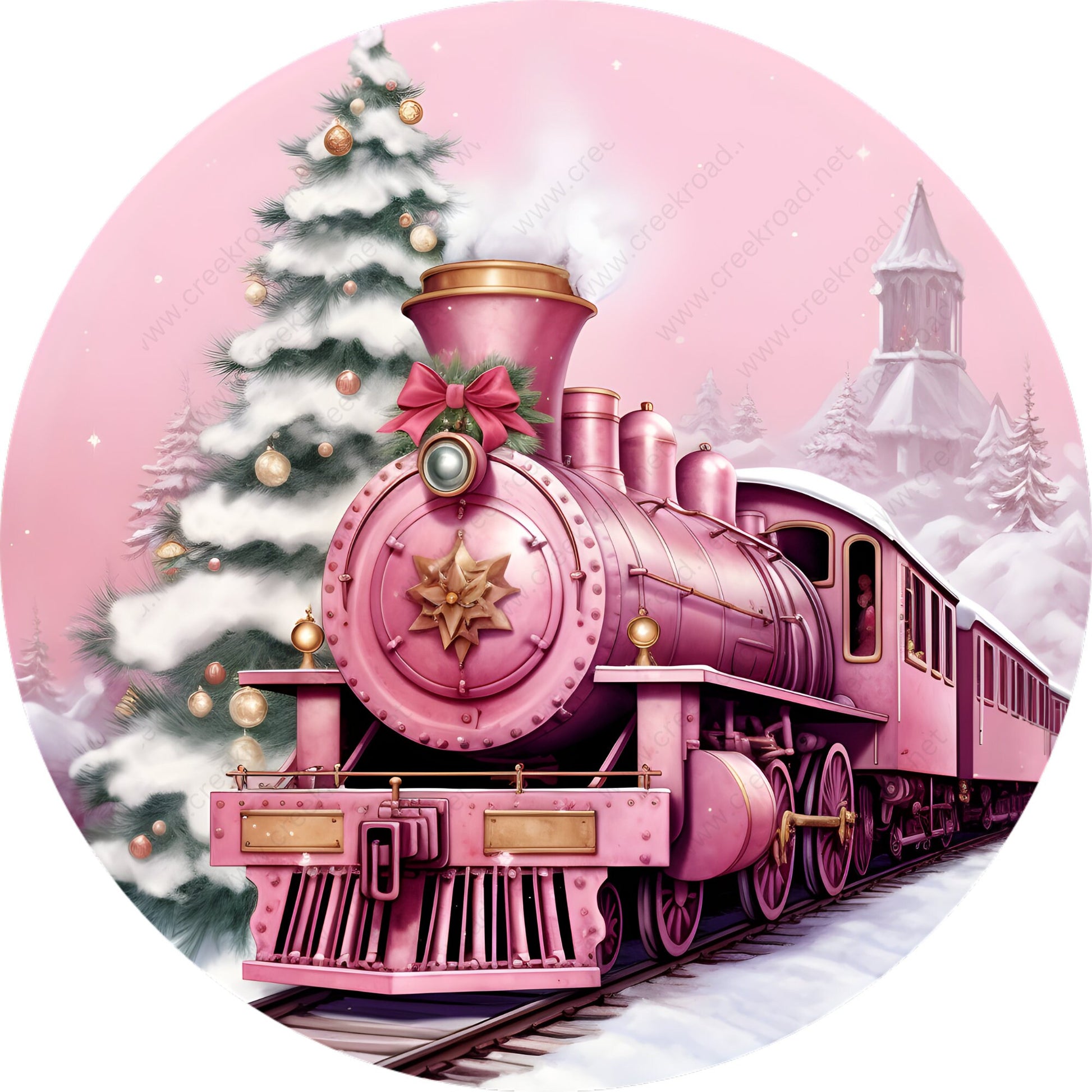 Pink Christmas Train Wreath Sign-Sublimation-PICK YOUR BORDER-Round-Christmas-Winter-Decor