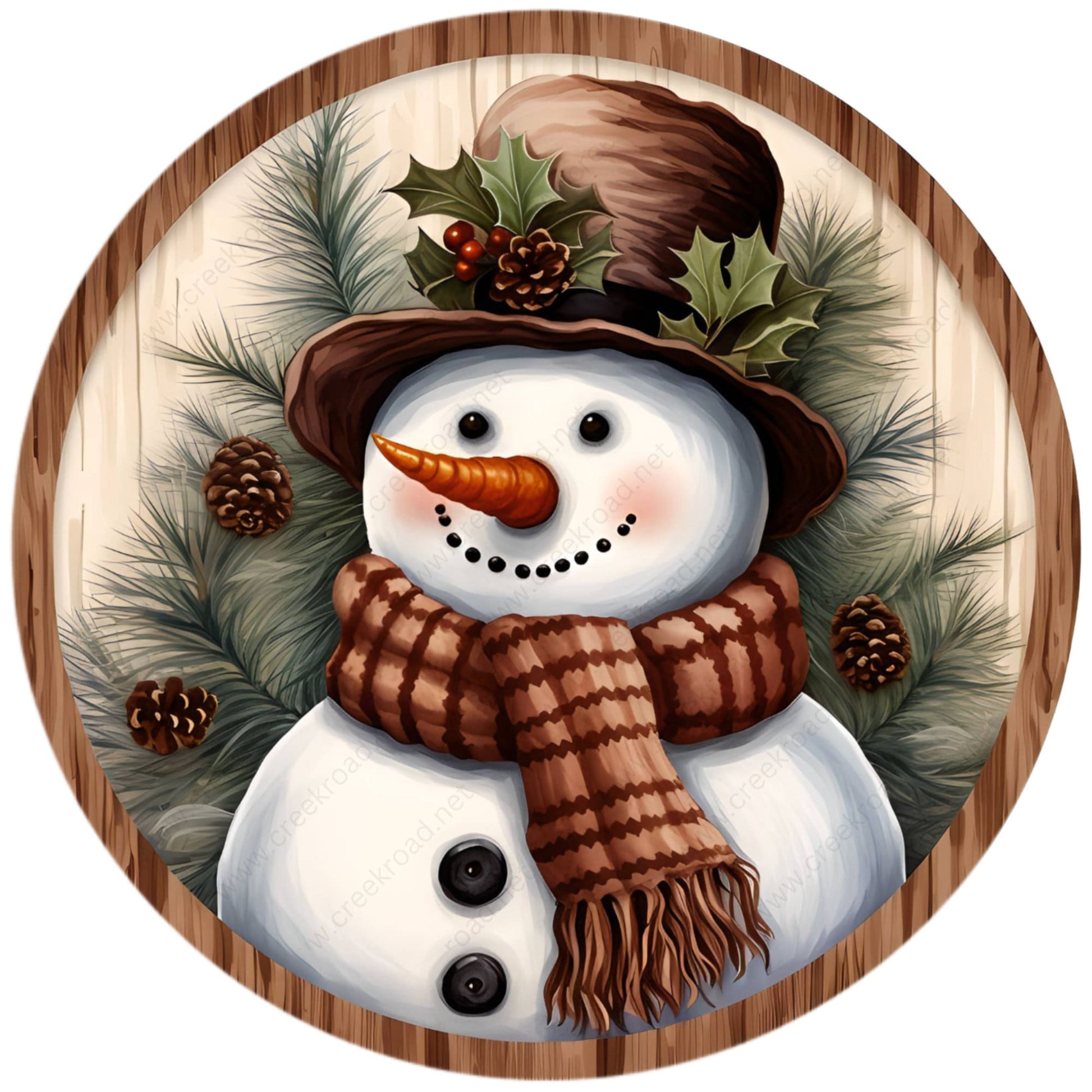 Pine Tree Snowman Brown Scarf Wreath Sign-Sublimation-Round-Christmas-Winter-Decor