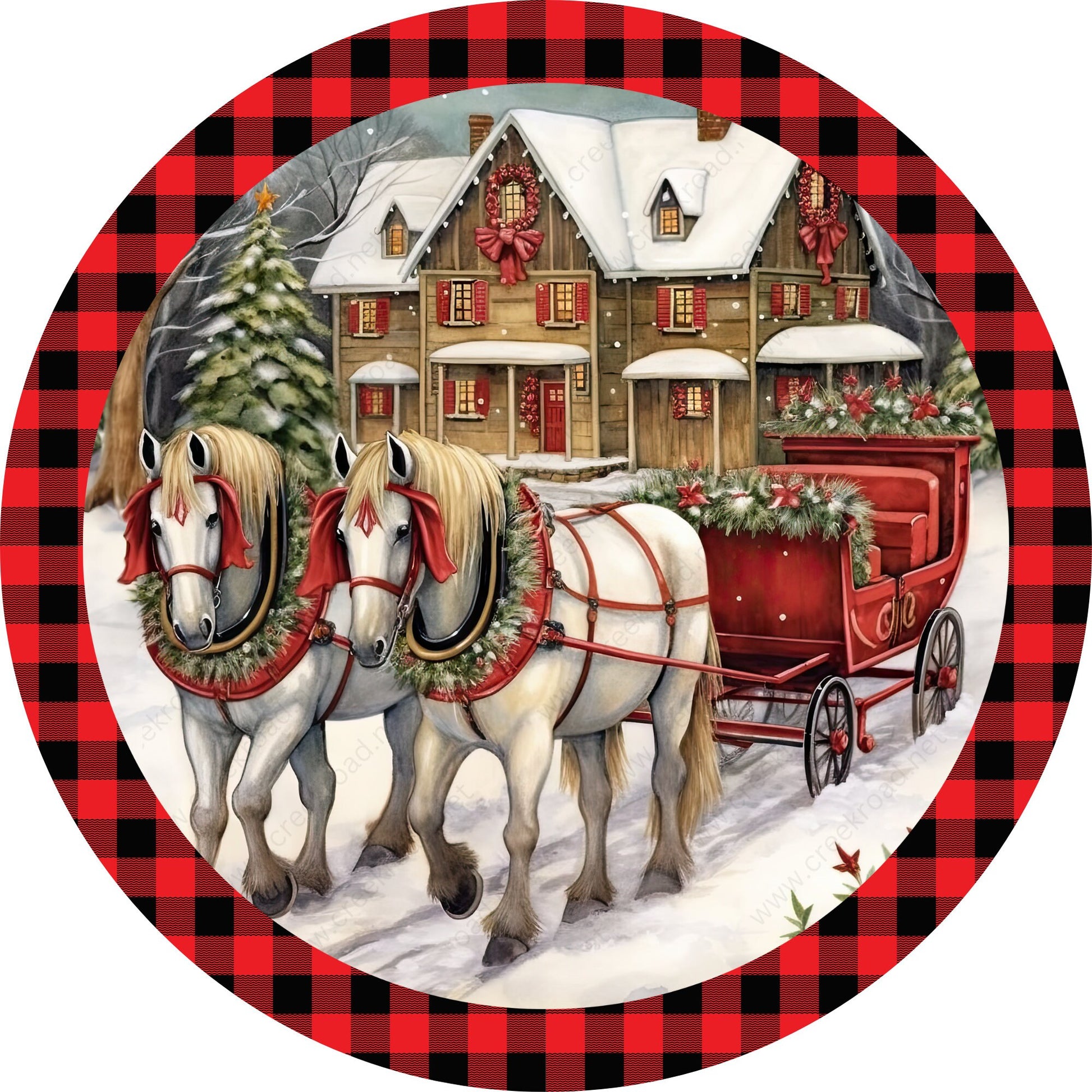 Horse Drawn Carriage in the Snow Wreath Sign-Sublimation-Round-Christmas-Winter-Decor