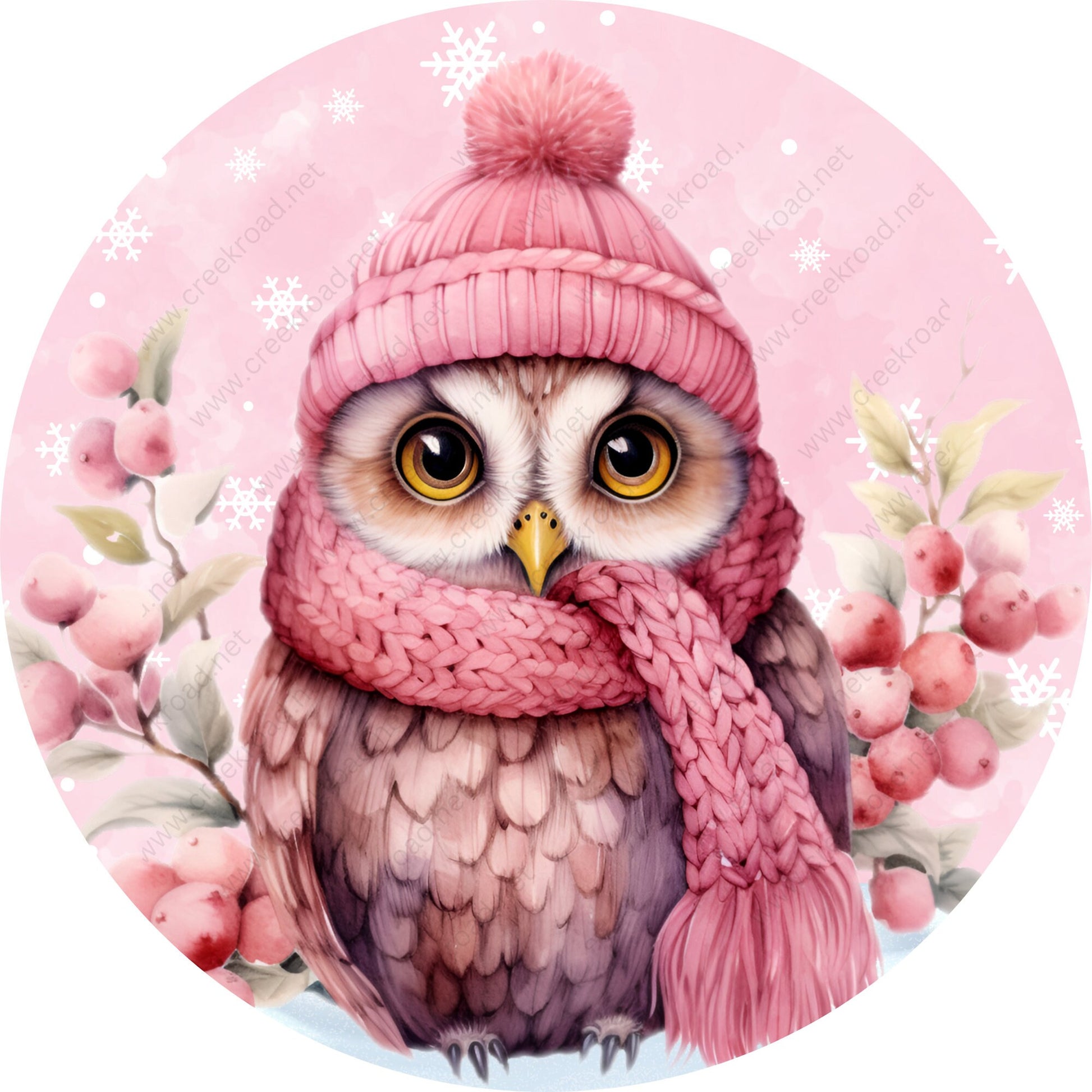 Cute Pink Christmas Owl Wreath Sign-Sublimation-Round-Christmas-Winter-Decor