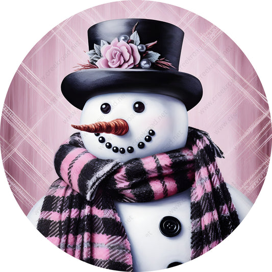 Pink Black Plaid Snowman Wreath Sign-Sublimation-Round-Christmas-Winter-Decor