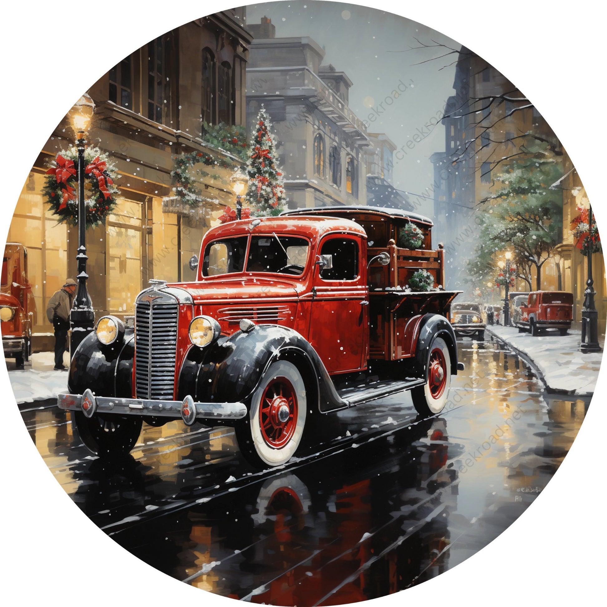 Classic Red Truck on City Street Wreath Sign-Sublimation-Round-Christmas-Winter-Decor