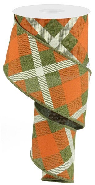 2.5" X 10Yd Wired Ribbon-Printed Plaid On Royal Fern Orange Cream-RG01683EW-Fall