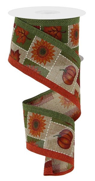 2.5" X 10Yd Wired Ribbon-Pumpkin/Sunflower/Royal Lt. Beige-RGA806901-Fall