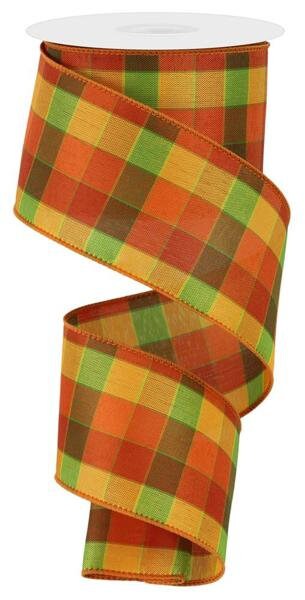 2.5" X 10Yd Wired Ribbon-Plaid Check On Royal Orange Yellow Lime-RGE1345-Fall