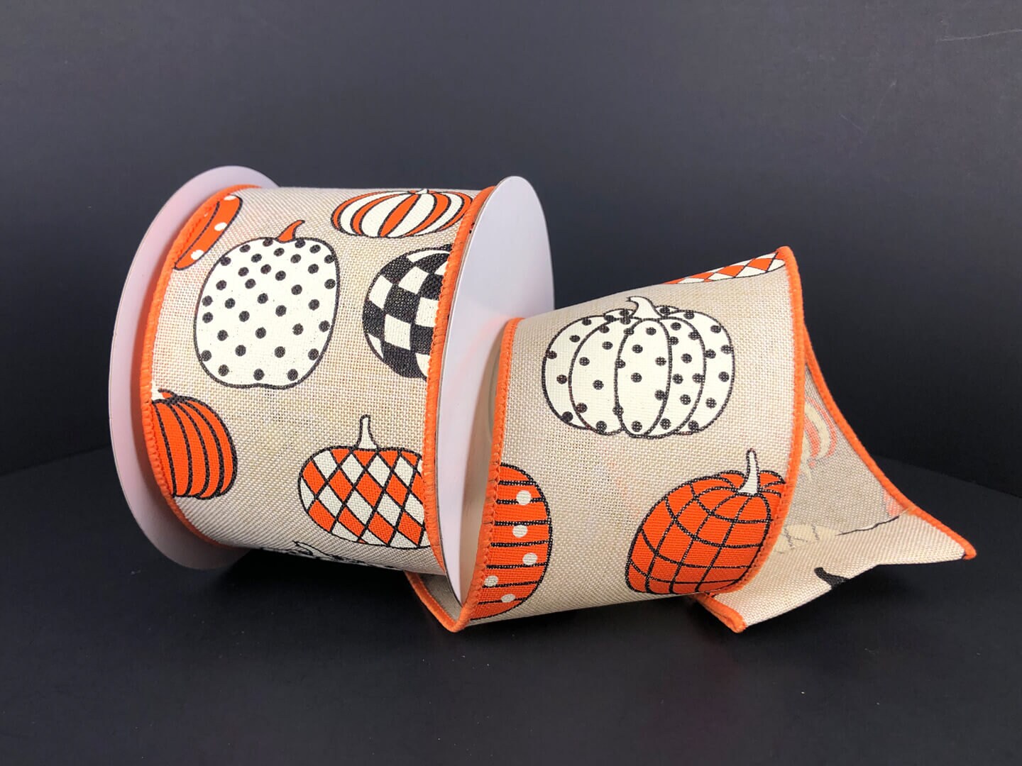 2.5" X 10Yd Wired Ribbon-Fall Pumpkins Orange White Beige-68204-40-18-Fall