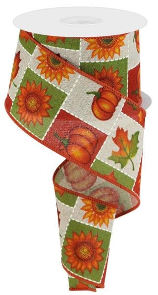 2.5" X 10Yd Wired Ribbon-Pumpkin/Sunflower/Maple Lea-RGC140118-Fall