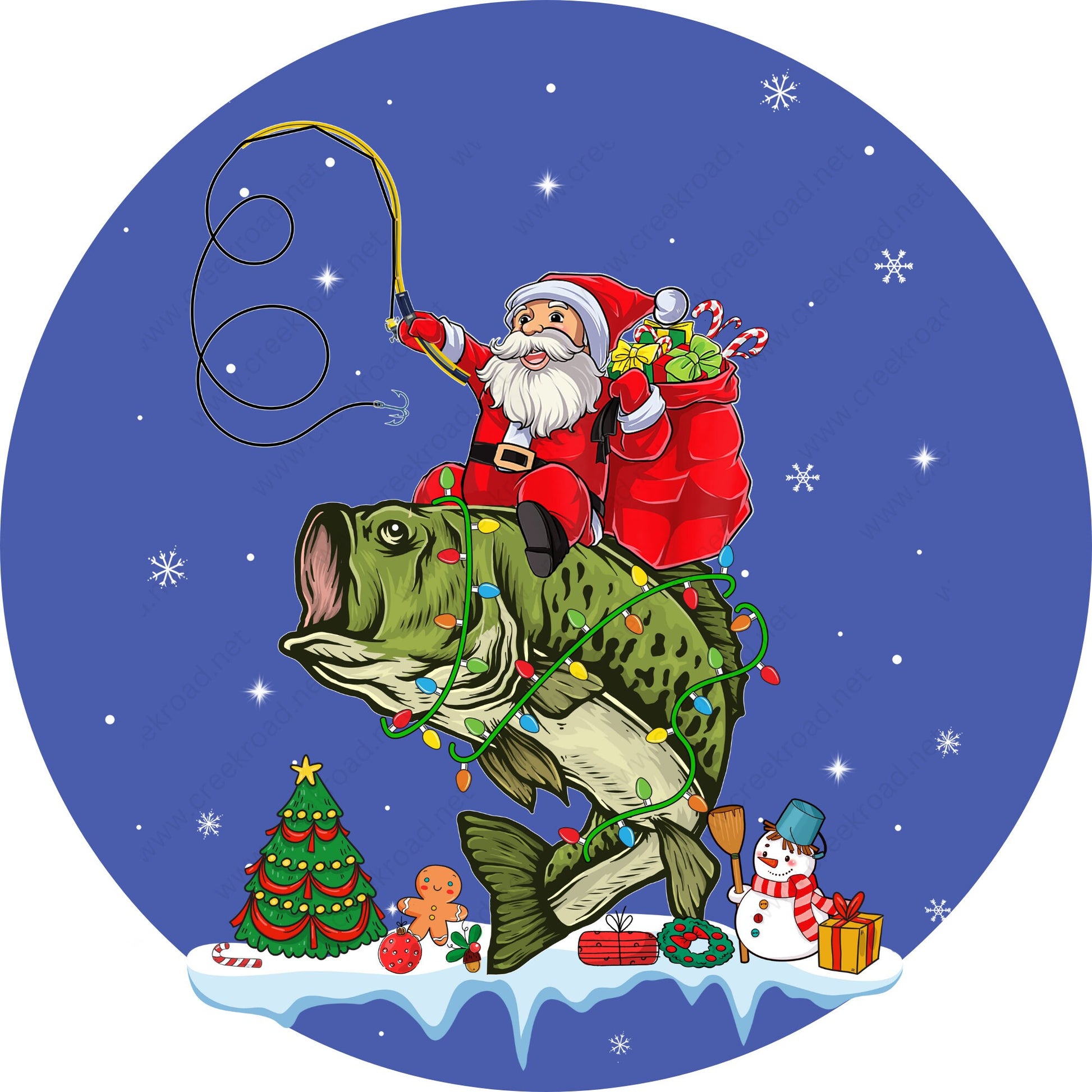 Santa Claus Bass Fishing Wreath Sign-Sublimation-Round-Christmas-Winter-Decor