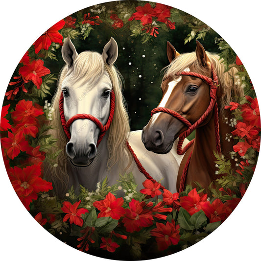 Christmas Poinsettia Horses Wreath Sign-Sublimation-Round-Christmas-Winter-Decor