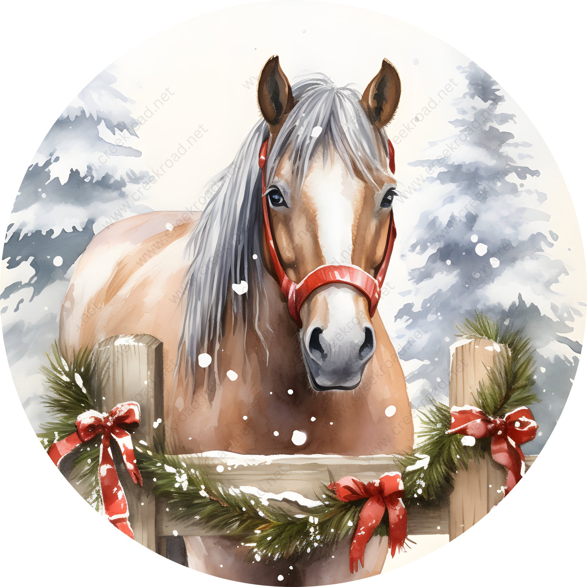 Christmas Horse on Snowy Day Wreath Sign-Sublimation-Round-Christmas-Winter-Decor