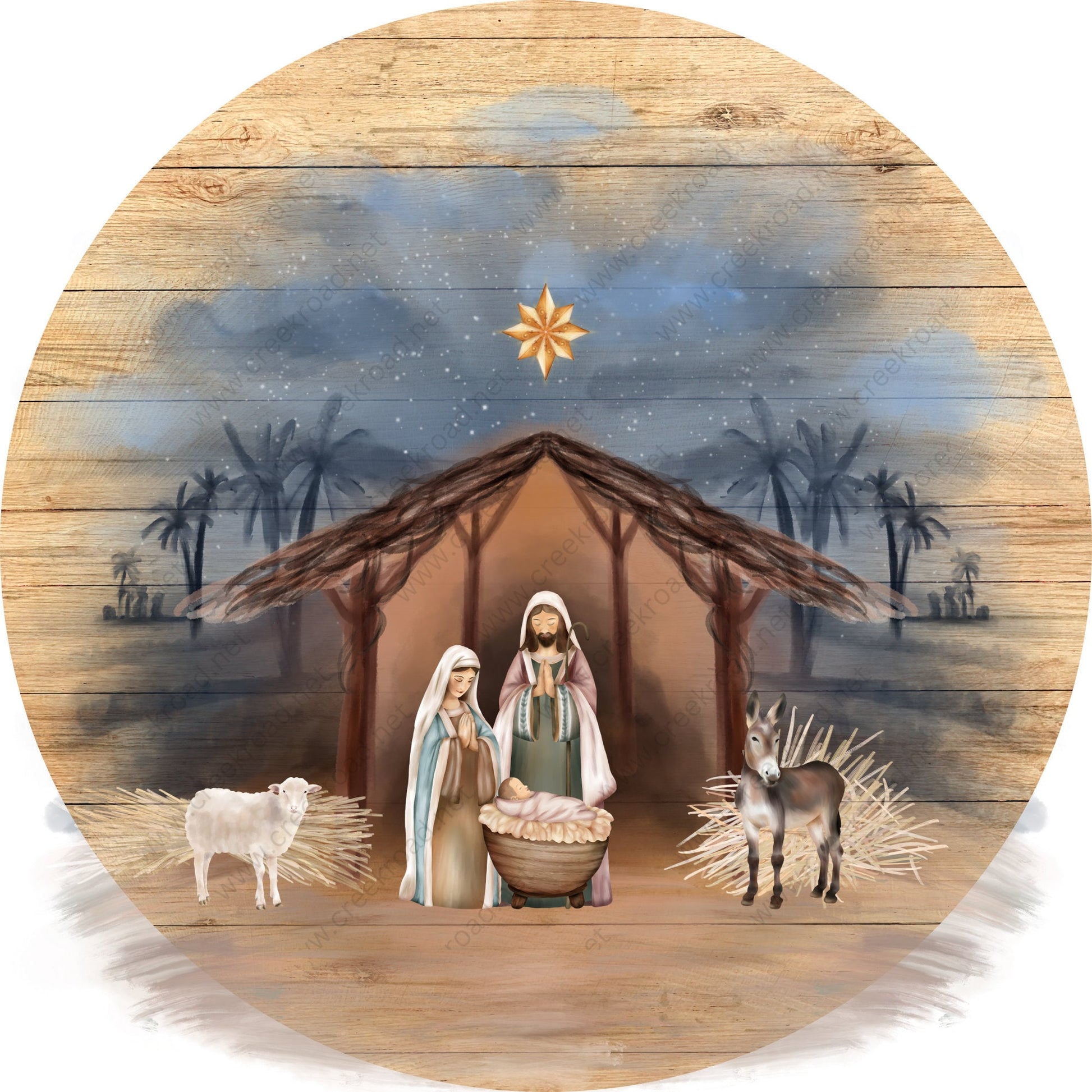 Nativity Scene with North Star Woodgrain Background Wreath Sign-Sublimation-Round-Christmas-Decor