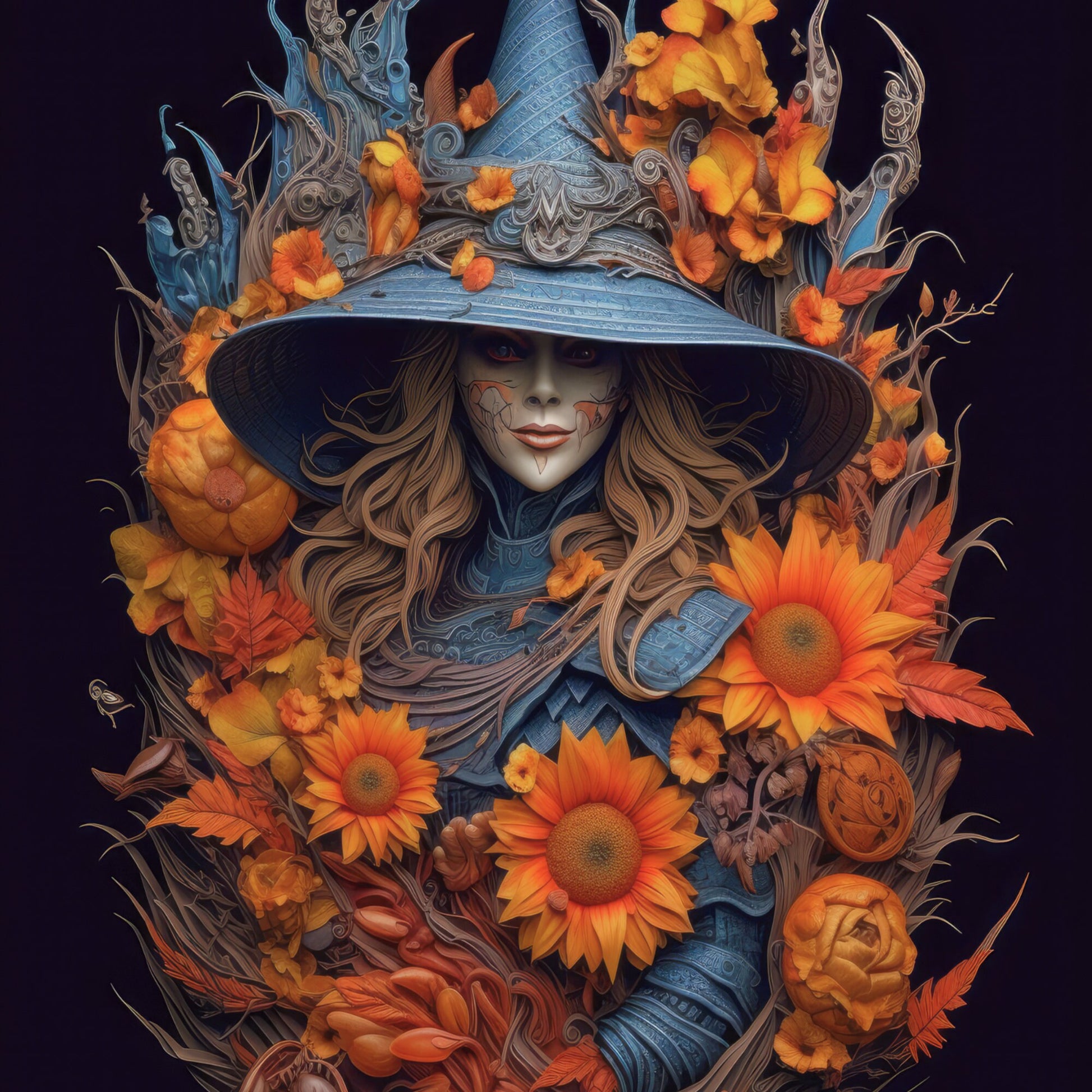 Halloween Blue Witch in Orange Sunflowers Wreath Sign-10"x10" Square-Halloween-Sublimation-Decor-Creek Road Designs